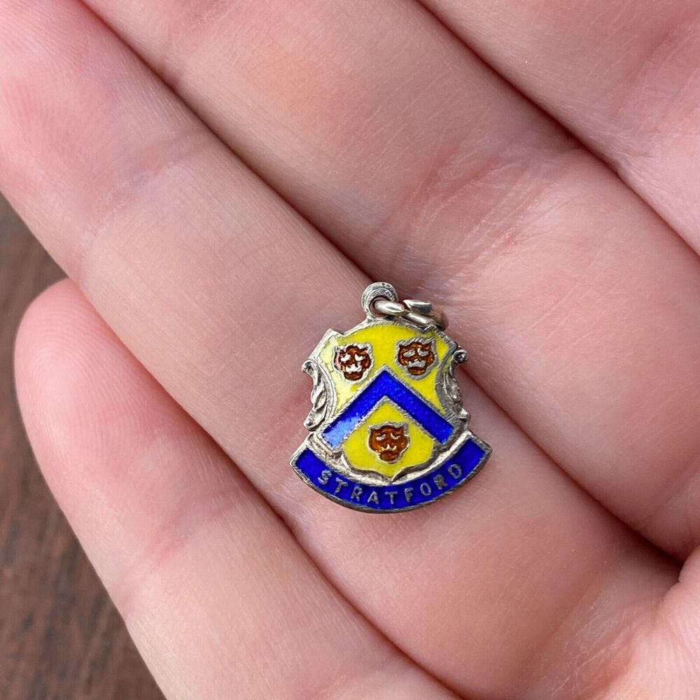 Vintage 925 Sterling Enamel "Stratford" England Travel Crest Pendant Charm